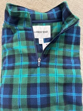 Lands' End Men's Green and Navy Plaid Quarter-Zip Fleece Pullover